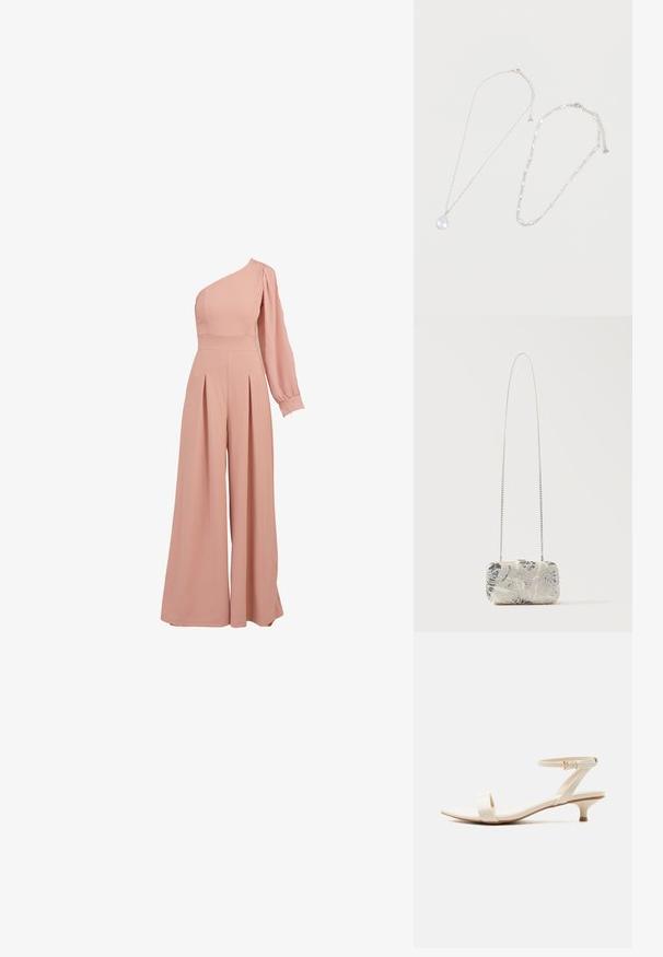Roosa ühesanga jumpsuit, millel on sobiv korpus, pikk puhv-sleeve, plekitud laiad püksid ja siledast, kerge kangast tekstuur.; Beeži madala kontsaga sandaal, millel on üks varbarihm ja reguleeritav pahkluu rihm, millel on väike kuldne pandla, valgel taustal.; Ruutjas hõbedane helmestega käekott lillemustriga ja pikk õhuke hõbedane ahel, esitatud ühevärvilisel taustal.; Kaks hõbedast kaelakeed valgel taustal, üks pisarakujulise kristalli ripatsiga, teine ovaalsete kristall-linkidega.