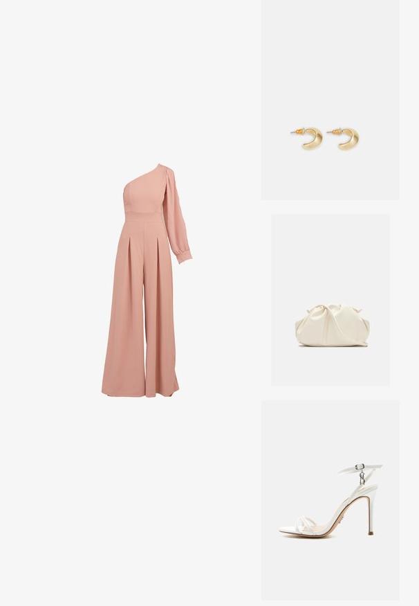 Roosa ühesanga jumpsuit, millel on sobiv korpus, pikk puhv-sleeve, plekitud laiad püksid ja siledast, kerge kangast tekstuur.; Valge kõrge kontsaga sandaal õhukeste rihmadega, pahkluu pandla ja metallist kaunistusega neutraalsel taustal.; Pehme kergelt kreemikas nahast klapi-tüüpi kott kokkutõmmatud volditud disainiga ning õhuke õlarihm ees rahuldaval taustal.; Kuldne kuu kujuline kõrvarõngas sileda pinnaga, millel on oranžid aktsendid postide lähedal ja hõbedane riistvara.
