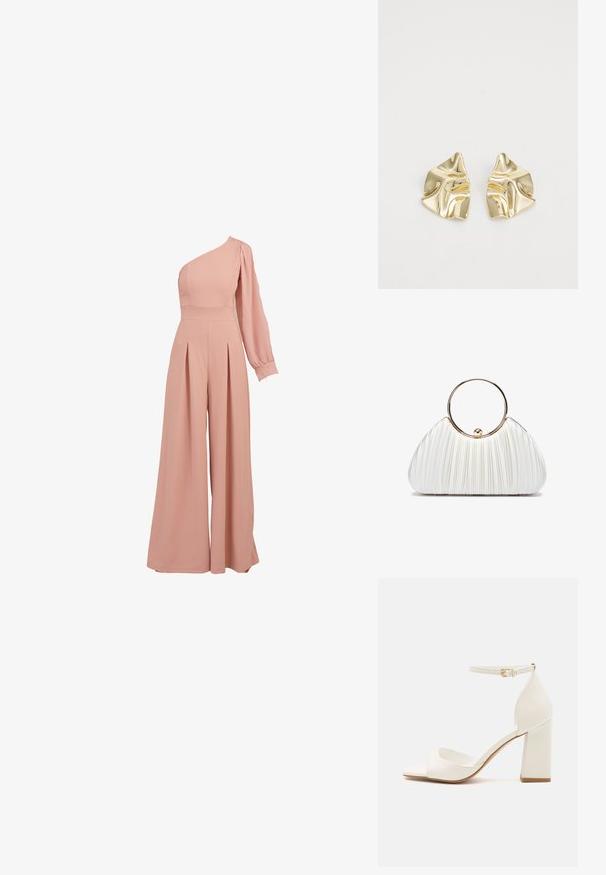 Combinaison une épaule rose avec un buste ajusté, une longue manche bouffante, un pantalon large plissé et une texture de tissu léger et lisse.; Sandale blanche à talons hauts avec un talon carré, bout ouvert, bride de cheville avec boucle en or et matériau synthétique lisse.; Sac à main plissé blanc avec une poignée circulaire en or, doté d'un tissu doux et d'une forme arrondie. Design élégant avec une finition texturée.; Boucles d'oreilles en métal doré avec un design ondulé ; surface lisse et réfléchissante ; forme asymétrique ; sans motifs ni éléments visibles.