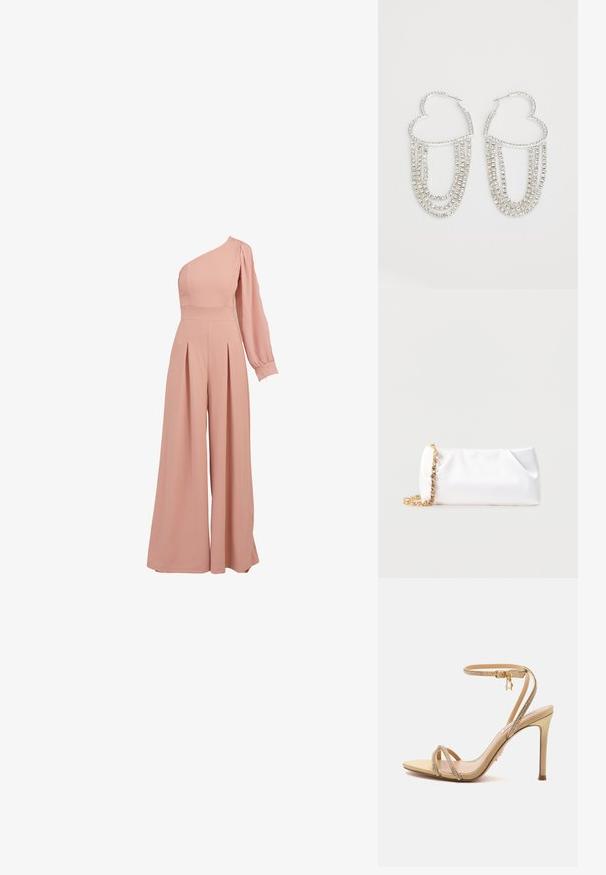 Roosa ühesanga jumpsuit, millel on sobiv korpus, pikk puhv-sleeve, plekitud laiad püksid ja siledast, kerge kangast tekstuur.; Beežika kõrge kontsaga sandaal, õhukeste lintidega, mis on kaunistatud väikeste litritega ning kuldse pahkluu pandlaga, ühevärvilisel taustal.; Valge pehme käekott kuldse kettiga, kaunistatud läbipaistvate vääriskividega, mille taustaks on helehall ühtlane pind.; Hõbe rõngastooted südame kujuga, millel on langevad selgeid rhinestone'idesse, et lisada sära ja tekstuuri.