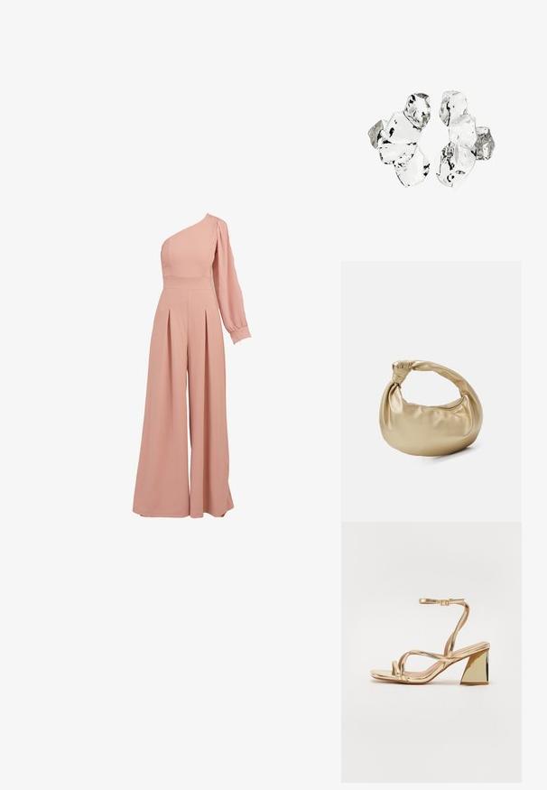 Roosa ühesanga jumpsuit, millel on sobiv korpus, pikk puhv-sleeve, plekitud laiad püksid ja siledast, kerge kangast tekstuur.; Kuldne metallik kõrge kontsaga sandaal, millel on pahkluu rihm, läikiv viimistlus, ristuvad rihmad ja kolmnurkne plokk-konts.; Kuldmetallist käekott, millel on siledast ja läikivast tekstuurist pind. Omab sõlmega käepidet ja ümardatud, pehmet kuju. Ülemine osa lukuga suletav.; Kuus ebaühtlaselt kujundatud läbipaistvat ja peegeldavat klaasitaolist tükki, paigutatud valgele taustale.