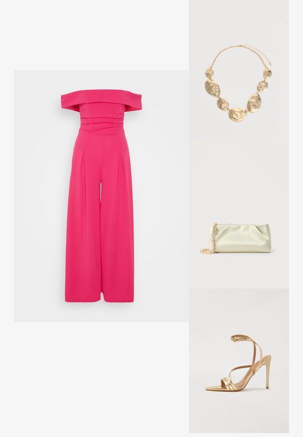 Combinaison décolletée en rose vif, avec un corsage ajusté et un design à jambes larges avec des plis, fabriquée dans un tissu lisse et extensible.; Even&Odd by Zalando Sandales - gold; Pochette en satin vert clair avec une bandoulière chaîne en or et cristaux, forme rectangulaire avec des plis doux sur un fond uni.; Collier chaîne ton or avec six plaques métalliques ovales et rondes irrégulières martelées reliées ensemble et fermoir ajustable.