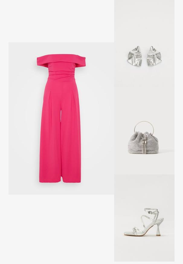 Õlgadelt avatud roosa jumpsuit, millel on kehakujuline osa ja laiad jalad plekkidega, valmistatud siledast ja venivast kangast.; Hõbedased kõrge kontsaga sandaalid, millel on mitmed ristuvad rihmad, nööridega pahkluu rihm ja kujundatud konts, sädelevast metallik viimistlusest.; Väike hõbedane õlakott, mis on kaetud sädelevate kivikestega, ümmarguse metallkäsivarre ja kahe dekoratiivse tutiga ees.; Hõbedased metallkõrvarõngad lainelise, skulpturaalse disainiga, millel on poleeritud viimistlus ja ebaregulaarsed kujundid, rõhutades kaasaegset esteetikat.