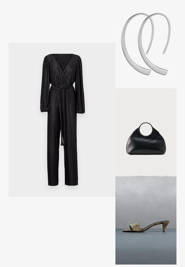 VILA VIPLUSA PLISSE - Jumpsuit - black; High-heeled mule met slangenprint patroon en gouden logo, rustend op een getextureerd houten oppervlak buiten.; Zwarte leren handtas met afgeronde vorm en een cirkelvormig bovenhandvat omwikkeld met bijpassend leren stiksel.; Zilveren metalen oorbellen in de vorm van een gladde, glanzende, gebogen halve maan, met een minimalistisch ontwerp en zonder zichtbare patronen.