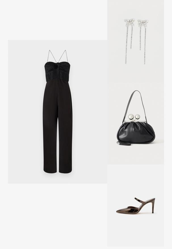 Sort jumpsuit med et plisseret liv med en blomsterdetalje, tynde spaghetti-stropper og vide ben. Glat stof med mat overflade.; Skinnende mørkebrune mule med spids tå og høje hæle med en tynd rem over foden på en ensfarvet hvid baggrund.; Sort læderhåndtaske med opsamlet design, en enkelt rem, sølv metalramme og to store runde sølv lukninger.; Lange sølvøreringe med en klynge af rhinsten øverst og hængende tråde af mindre rhinsten nedenunder.