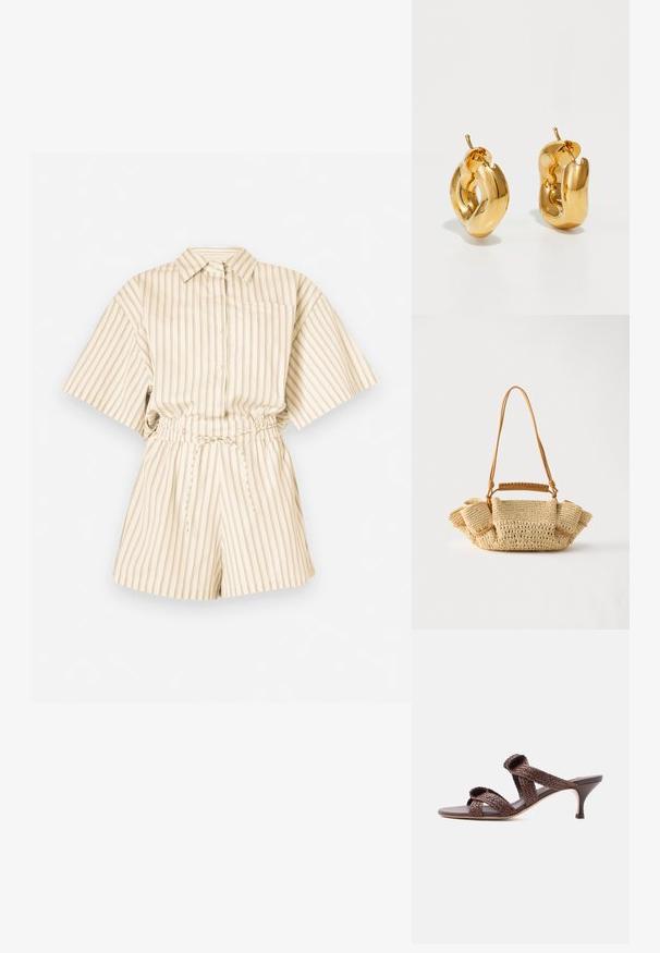 Kortærmet, knaplukket rompers i let beige stof med lodrette striber. Har elastisk talje og en enkelt brystlomme.; Brun vævet læder-sandal med to remme og en lav kittenhæle på en ensfarvet hvid baggrund.; Vævet beige håndtaske med en lang tynd strop og opsamlede sider, med et kort håndtag indpakket i læder til forskellige bære muligheder.; Chunky guld hoop øreringe med et let snoet, rørformet design og postsystem bagpå, på en hvid baggrund.