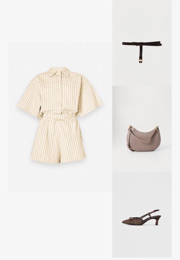 Kortærmet, knaplukket rompers i let beige stof med lodrette striber. Har elastisk talje og en enkelt brystlomme.; Brun vævet slingback-hæl med spids tå, der har en dekorativ spænde, slanke stropper og en moderat hælhøjde.; Hobo taske lavet af struktureret taupe læder med prægede logo mønster, guldfarvede metaldele og en aftagelig skulderrem.; Sort læderbælte med et smalt design, der har en guldtonet metalspænde og en knude detalje i midten. Glat tekstur, minimalistisk stil.