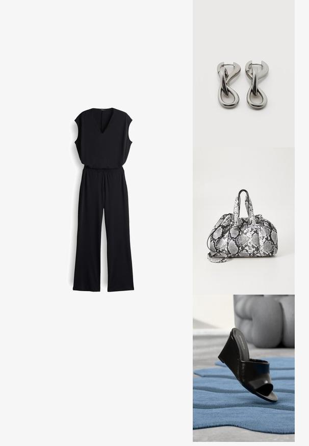 Zwarte jumpsuit met een V-halslijn, korte mouwen en een wijd uitlopende broekspijp. Gemaakt van zachte stof, met een elastische tailleband voor comfort.; Zwarte sleehak mule-schoen met open teen op een blauw gestructureerd tapijt, vervaagde grijze bank op de achtergrond.; Zwart-wit handtas met slangenhuidpatroon, voorzien van twee handvaten, een trekkoordsluiting en een afneembare schouderriem. Hanteert een gladde textuur.; Set zilverkleurige metalen oorbellen met een abstract ontwerp van in elkaar grijpende lussen op een witte achtergrond.