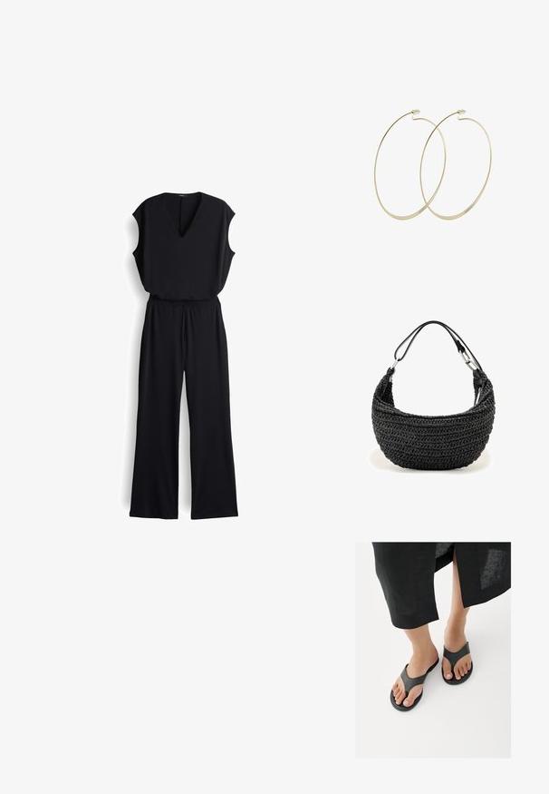 Zwarte jumpsuit met een V-halslijn, korte mouwen en een wijd uitlopende broekspijp. Gemaakt van zachte stof, met een elastische tailleband voor comfort.; Close-up van voeten die zwarte leren teenslippers dragen, met een zoom van een zwarte rok zichtbaar boven de enkels op een witte vloer.; Zwarte geweven handtas met een gebogen vorm en een dun leren schouderriem bevestigd met zilveren sluitingen.; Pilgrim Oorbellen - gold-coloured