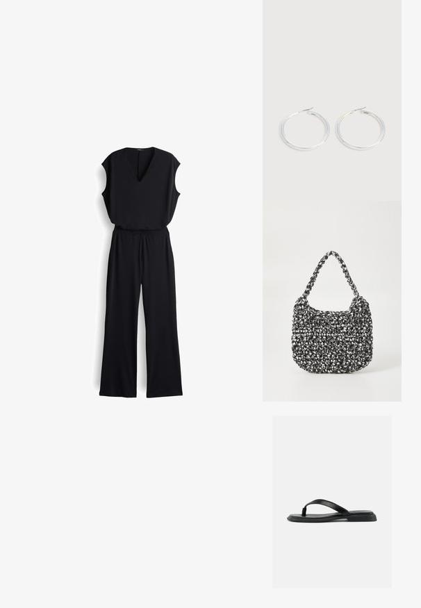 Zwarte jumpsuit met een V-halslijn, korte mouwen en een wijd uitlopende broekspijp. Gemaakt van zachte stof, met een elastische tailleband voor comfort.; Zwarte platte teenslipper met gestructureerde band en licht verhoogde hak, weergegeven in zijprofiel tegen een effen lichte achtergrond.; Geweven handtas in zwart en wit met een ronde vorm, gestructureerd oppervlak en een gevlochten handvat. Geschikt voor dagelijks gebruik.; Een paar glanzende zilveren oorringen met dunne draadafsluitingen, getoond op een lichtgrijze achtergrond.