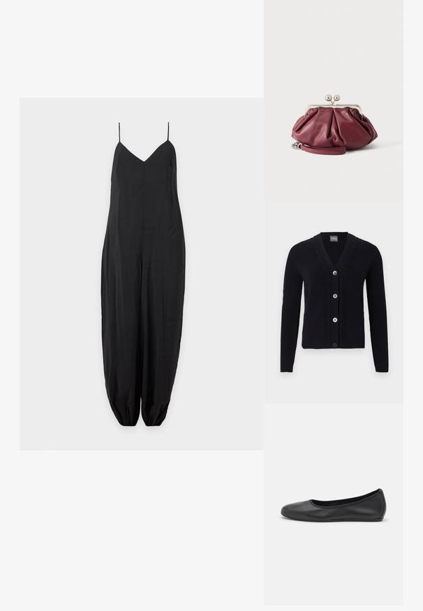 Combinaison noire sans manches avec fines bretelles, coupe ample et poignets élastiqués froncés aux chevilles sur un fond clair uni.; Cardigan noir en maille avec col en V, bordure à motif torsadé, quatre boutons sur le devant et manches longues.; Ballerines en cuir noir avec un bout rond, texture lisse, détails de couture minimalistes et design de semelle flexible.; Petite pochette en cuir bordeaux avec fermoir en métal argenté et bracelet pour poignet sur fond blanc.