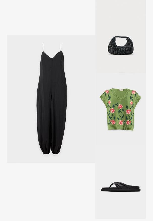 Combinaison noire sans manches avec fines bretelles, coupe ample et poignets élastiqués froncés aux chevilles sur un fond clair uni.; Gilet sans manches en tricot vert avec un col en V et des motifs floraux roses avec des feuilles vertes à l'avant.; Sandale plate noire avec bride croisée rembourrée et entre-doigt, design minimaliste sur fond gris clair uni.; Sac hobo tissé noir avec une structure souple et une poignée intégrée, présenté sur un fond clair uni.