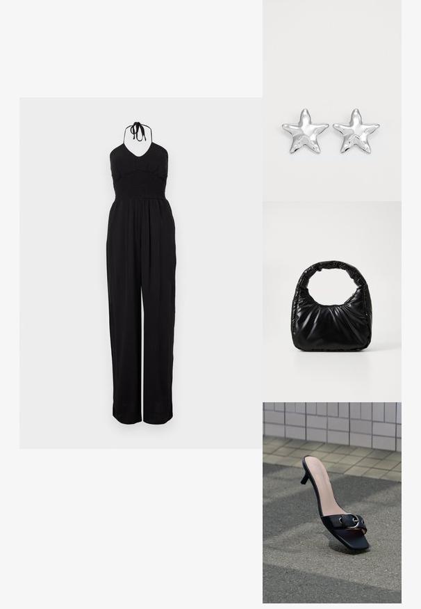 Sort halterneck jumpsuit med smocked liv, vide bukser og en struktureret overflade. Justerbare nakkebånd fuldender designet.; Sort højhælet mule-sandal med firkantet tå, sølvspænde på rem, placeret på asfalt nær flisebelagt væg.; Sort polstret håndtaske med et rundt håndtag, der har en glat, skinnende overflade og en blød, kviltet tekstur. Ingen synlige hardware eller accenter.; Sølvstjernede øreringe med en poleret, blank overflade. Hver ørering har fem spidser og subtile teksturdetaljer på overfladen.