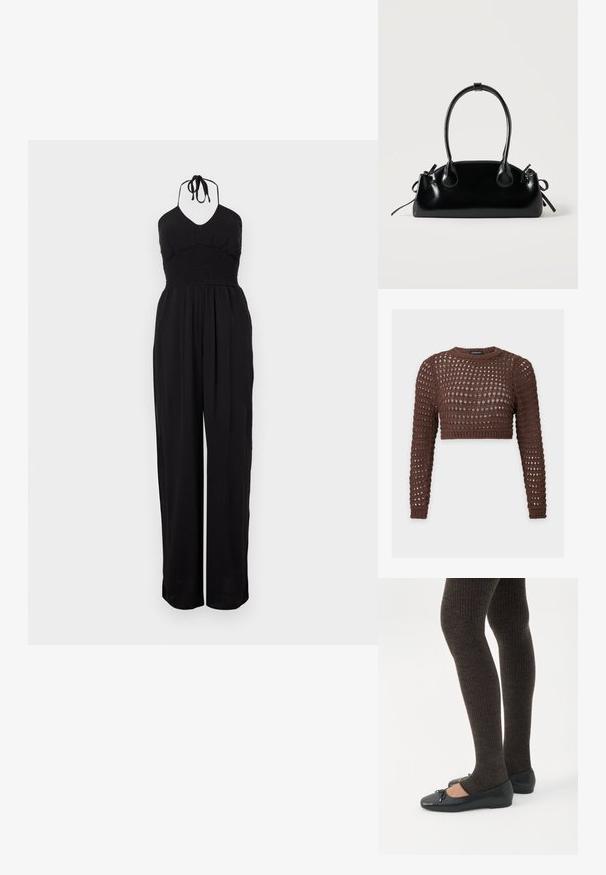 Sort halterneck jumpsuit med smocked liv, vide bukser og en struktureret overflade. Justerbare nakkebånd fuldender designet.; Brun langærmet hæklet crop top med rund halsudskæring og åbent vævet mønster for en åndbar pasform.; Ben iført mørke ribbede leggings kombineret med sorte balletsko med små sløjfedetaljer på hvid baggrund.; Lille sort blank håndtaske med to lange håndtag og snøre-detaljer i siden på en ensfarvet lys baggrund.
