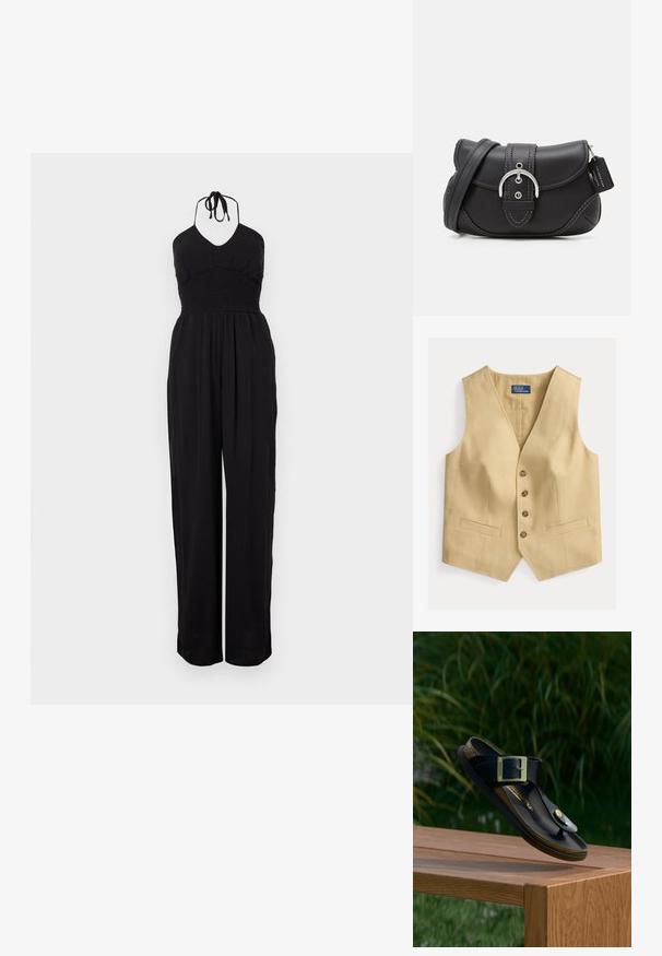 Sort halterneck jumpsuit med smocked liv, vide bukser og en struktureret overflade. Justerbare nakkebånd fuldender designet.; Beige linnedragt med dyb V-hals, fem brune knapper foran og to forlommer. Glat tekstur, skræddersyet pasform og en let buet kant forneden.; Sort læder tanga-sandal med stor guldbeklædt spænde svævende over en træbænk, grønne græsser og planter i baggrunden.; COACH GLOVETANNED SOHO - Håndtasker - black