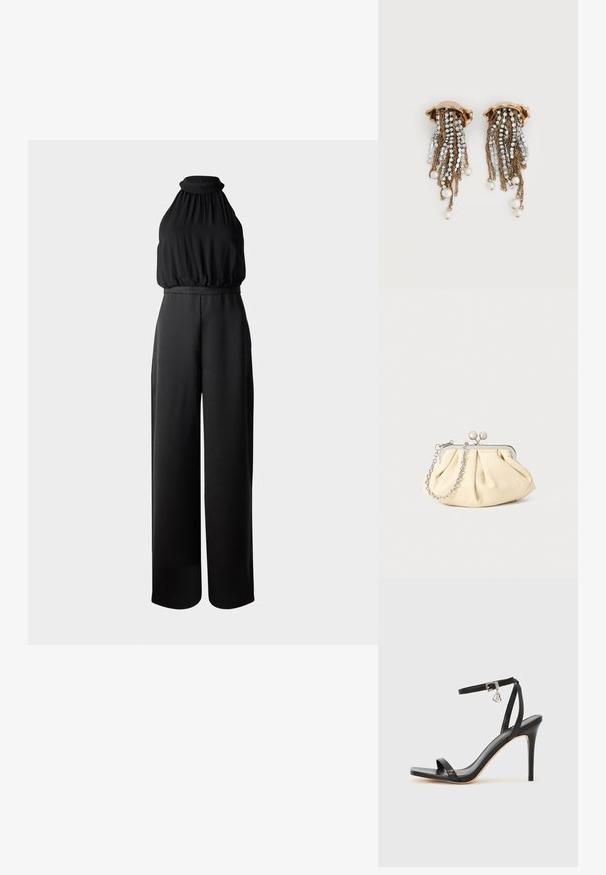 Salopette noire avec un design à col halter, présentant un buste froncé et un pantalon évasé. Fabriquée en tissu lisse et léger.; Sandale à talon haut noire avec une bride étroite à la cheville, bout carré, cuir lisse et accent de boucle métallique.; Pochette en cuir beige plissé avec un cadre en métal argenté, dotée de deux fermoirs ronds décoratifs et d'une chaîne en argent.; Boucles d'oreilles clips dorées avec chaînes de strass en cascade et perles blanches pendantes sur fond blanc.