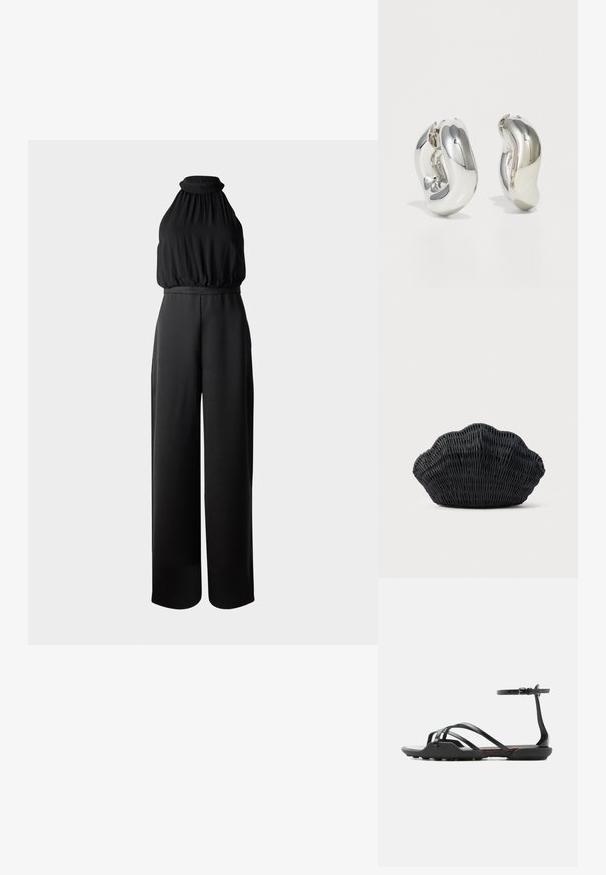 Salopette noire avec un design à col halter, présentant un buste froncé et un pantalon évasé. Fabriquée en tissu lisse et léger.; Sandale plate noire avec de fines brides croisées sur les orteils et une bride de cheville à boucle, avec une semelle légèrement texturée pour une meilleure adhérence.; Sac à main en osier noir en forme de coquille Saint-Jacques avec un dessus courbé et une texture tressée sur un fond uni.; Boucles d'oreilles sculpturales en argent avec des formes douces et courbes et des surfaces réfléchissantes. Présentent un design de boucle fermée et une forme organique distincte.