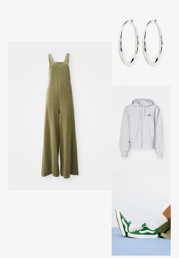 Pantalones de peto de pana verde oliva con piernas anchas, tirantes ajustables y una superficie texturizada. Diseño simple, sin patrones visibles ni herrajes.; Sudadera con cremallera de color gris claro, fabricada en un tejido suave, con un corte relajado, bolsillos frontales y un pequeño logo bordado en el lado izquierdo del pecho.; Zapatillas de ante verde con acentos blancos, cordones texturizados que presentan detalles en rosa y una suela de goma beige, combinadas con calcetines blancos y pantalones cortos verdes.; Pendientes de aro de plata con una superficie lisa y reflectante. Forma redonda y grande con un cierre seguro en la parte superior. El acabado pulido resalta el brillo.