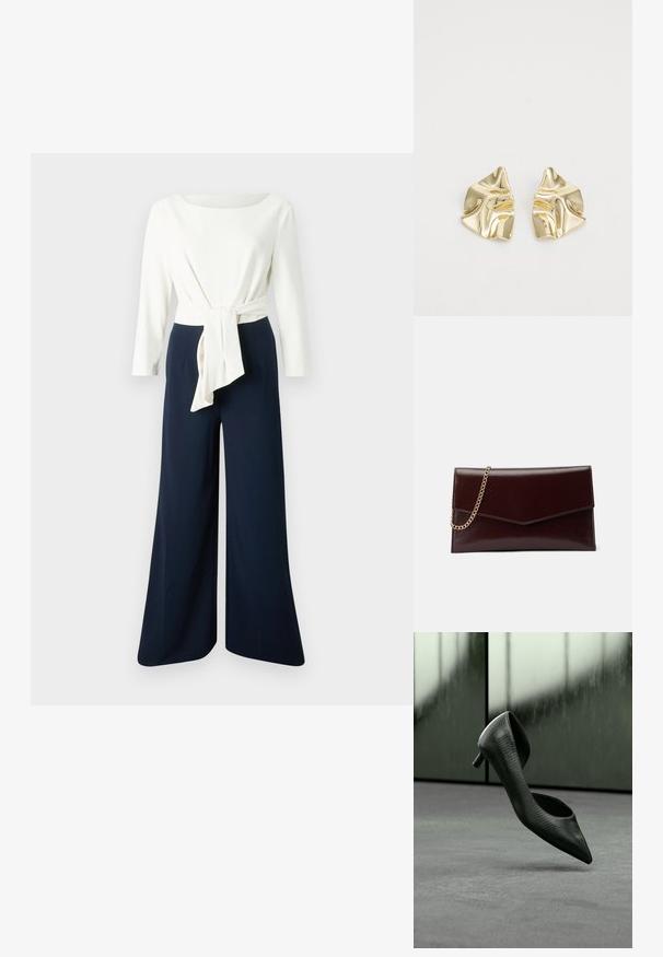 Haut blanc à manches longues avec un détail de taille nouée, associé à un pantalon large bleu marine, présentant un tissu lisse et une silhouette décontractée.; Chaussure noire à talon haut avec un bout pointu, présentant une surface texturée et un dos ouvert. Un petit talon met en valeur le design.; Sac à main en cuir de couleur bordeaux foncé avec un design en forme d'enveloppe. Il dispose d'une anse en chaîne dorée, d'une texture lisse et d'une fermeture en pointe.; Boucles d'oreilles en métal doré avec un design ondulé ; surface lisse et réfléchissante ; forme asymétrique ; sans motifs ni éléments visibles.