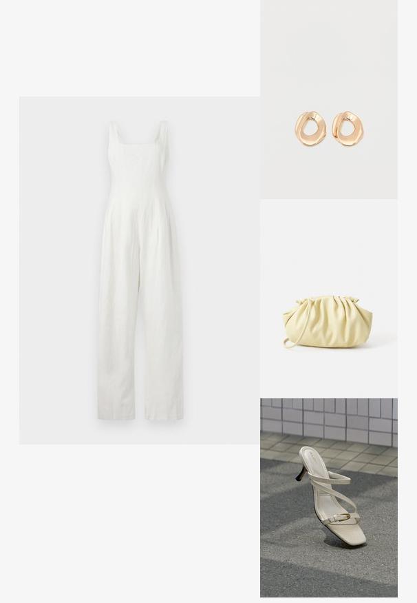 Jumpsuit en lin blanc avec un encolure carrée, large jambes droites et plis frontaux subtils. Texture lisse, design minimaliste, sans fermetures visibles.; Sandale beige à talon haut avec des fines brides et une petite boucle dorée, exposée sur un sol pavé texturé devant un mur carrelé.; Sac à main plissé jaune en simili cuir lisse, arborant une forme douce avec une bandoulière unique et un design froncé sur le dessus.; Paired boucles d'oreilles en métal doré poli de forme irrégulière avec un centre ouvert sur un fond blanc uni.