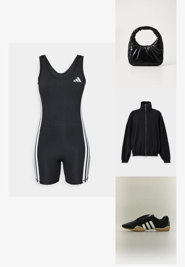 adidas Performance ONESIE - Φόρμα γυμναστικής - black/white; Μαύρο μπουφάν με φερμουάρ, ψηλό γιακά, μακριά μανίκια, ελαστικές μανσέτες και τελείωμα, και διακριτικό λογότυπο Adidas στο αριστερό μανίκι.; Μαύρο αθλητικό παπούτσι με λευκές ρίγες και μπεζ υφασμένο πάτο σε ουδέτερο φόντο, εμφανίζεται σε πλαϊνή όψη.; Μαύρη μαλακή τσάντα με στρογγυλή λαβή, με γυαλιστερή επιφάνεια και μαλακή, γεμάτη υφή. Χωρίς ορατά μεταλλικά στοιχεία ή διακοσμητικά.