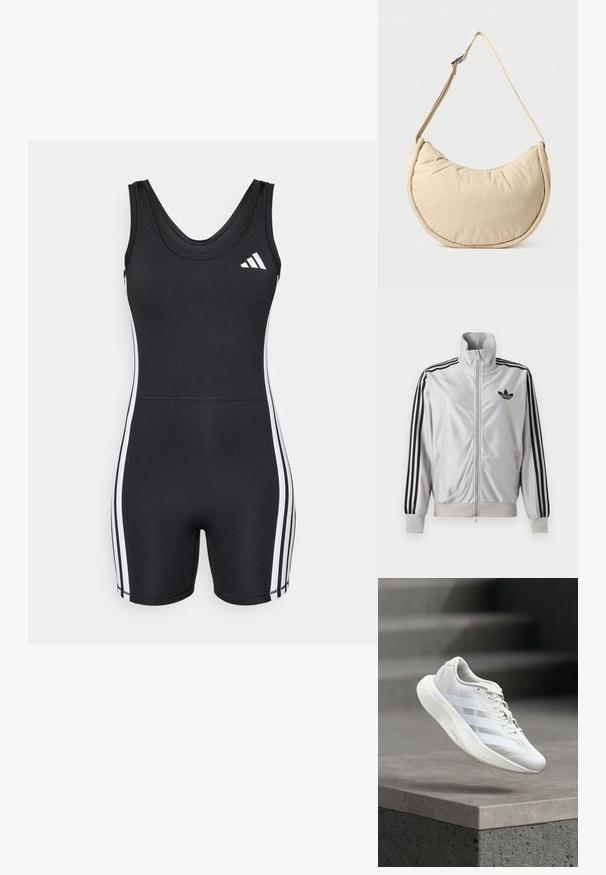 adidas Performance ONESIE - Combinaison d'échauffement - black/white; Veste blanche zippée avec détails trois bandes noirs sur les manches, logo trefoil noir sur la poitrine et poignets et ceinture côtelés.; Chaussure de sport blanche avec une tige texturée, trois bandes latérales, une semelle amortie et un bout arrondi, posée au-dessus d'une surface en béton.; Sac d'épaule beige en forme de demi-lune avec une texture douce et rembourrée. Comprend une bandoulière réglable et une fermeture éclair sur le bord supérieur.