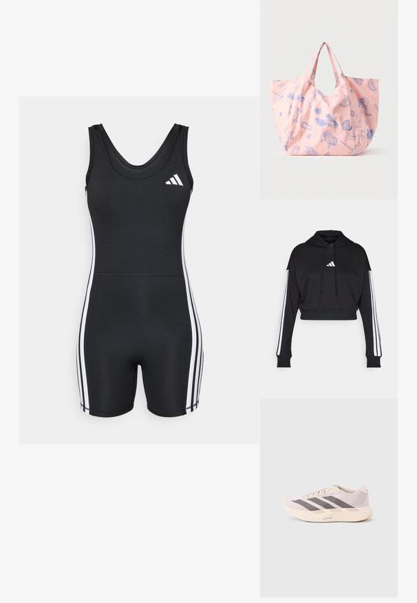 adidas Performance ONESIE - tanssihaalari - black/white; Mustat lyhythihaiset hupparit, joissa on etu kengurutasku, säädettävät nauhat ja valkoiset kolme viivaa hihassa. Mukana logo.; Kevyet urheilujalkineet vaaleanpunaisessa ja harmaassa, joissa on verkkopäällinen, kolme tummaa raitaa ja paksu kerma-valkoinen pohja, jossa lukee "LIGHTSTRIKE PRO".; Violetti uudelleenkäytettävä kangaskassi, jossa on sinisellä viivapiirroksin kuvattuna pöllö, rapu, simpukka, cocktail, varjo ja hedelmäviipaleet.