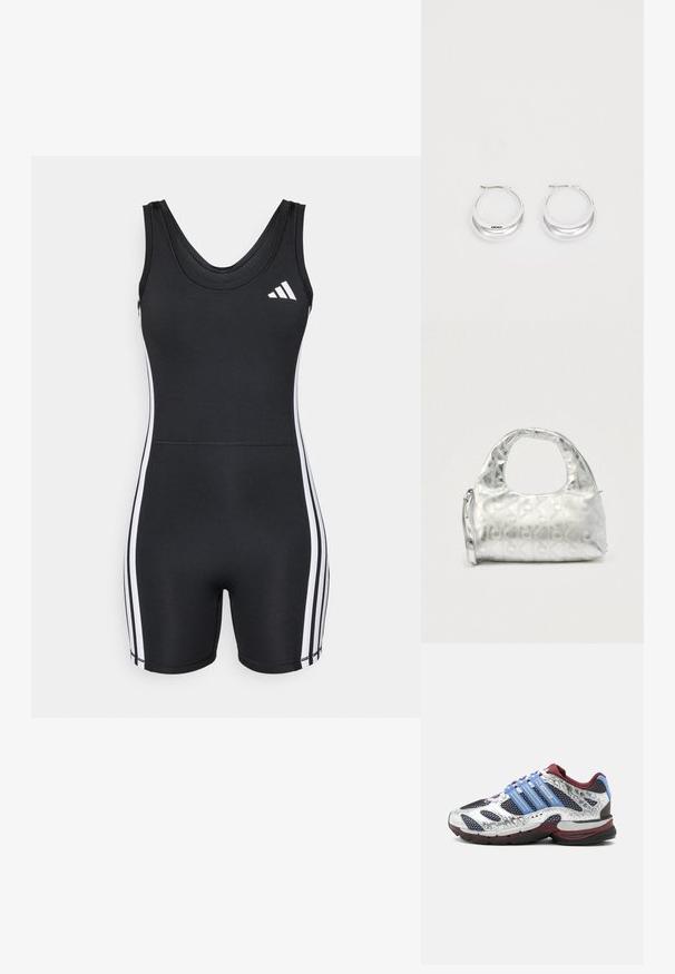 adidas Performance ONESIE - tanssihaalari - black/white; Hopeanvärinen ja musta verkkourheilukenkä, joka on viininpunainen pohja ja kaulus, vaaleansiniset sivuraidat ja pehmustettu kantatuki.; Hopea käsilaukku, jossa on kuviollinen pintakuvio koostuen geometrisista muodoista ja ympyröistä, varustettu pyöreällä kahvalla ja irrotettavalla hihnalla.; Hope hopea, joissa on kiiltävä pinta ja DKNY-brändäys, aseteltuna yksinkertaista valkoista taustaa vasten.