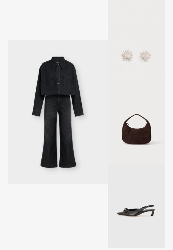Chemise courte en jean noir avec boutons et deux poches poitrine, associée à un jean noir taille haute à jambes larges sur fond blanc.; Chaussure slingback en cuir noir avec un bout pointu, un petit talon et un détail de boucle décoratif sur le dessus. Texture lisse, design minimaliste.; Sac à main en daim marron foncé avec une courte sangle et une forme rectangulaire arrondie sur un fond uni clair.; Boucles d'oreilles en argent en forme de soleil, avec des centres en spirale et des rayons rayonnants. Surface lisse avec un éclat métallique.