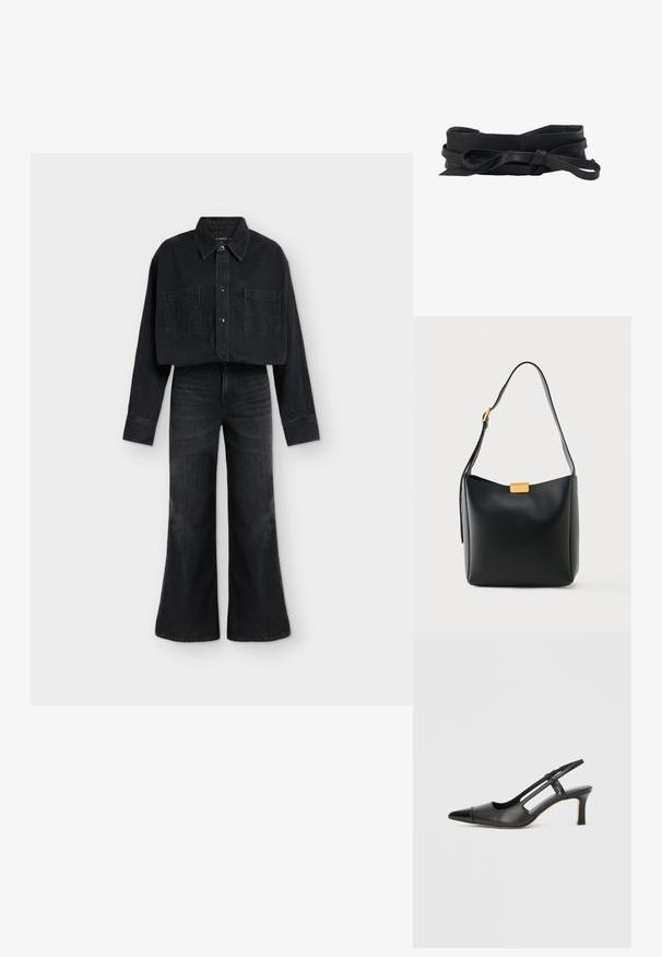 Chemise courte en jean noir avec boutons et deux poches poitrine, associée à un jean noir taille haute à jambes larges sur fond blanc.; Chaussure à bride arrière en cuir noir avec bout pointu, dotée d'un accent brillant sur le bout et d'un talon de hauteur moyenne. Design latéral ouvert.; Sac à bandoulière en cuir noir avec sangle réglable et petite boucle rectangulaire dorée sur fond clair.; Ceinture en cuir noir avec une texture lisse, arborant un design torsadé et une longueur ajustable. Les bords sont légèrement arrondis pour le confort.