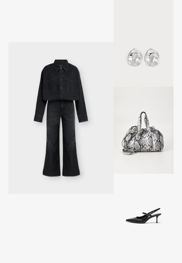 Chemise courte en jean noir avec boutons et deux poches poitrine, associée à un jean noir taille haute à jambes larges sur fond blanc.; Talons aiguilles noires en cuir avec un bout pointu, une fine bride réglable, et un talon aiguille d'environ 5 cm, texture lisse.; Sac à main en motif peau de serpent noir et blanc avec deux poignées, une fermeture à cordon et une bandoulière amovible. Texture lisse.; Boucles d'oreilles en forme abstraite argentées avec une finition poli, présentant des courbes lisses et des contours subtils. Pas de motifs ou d'accents visibles.