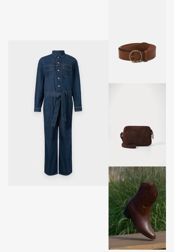 Donkerblauwe denim jumpsuit met lange mouwen, sluiting aan de voorkant met knopen, twee borstzakken en een tailleceintuur.; Bruine leren cowboylaars met decoratief stiksel, schuin omhoog geplaatst op een houten oppervlak met een vage groene grasachtergrond.; Bruine suède schoudertas met een geweven ontwerp, ritssluiting en een verstelbare schouderband. Heeft een slanke, rechthoekige vorm.; Bruine leren riem met een ronde messing gesp, met een gladde textuur en contrasterende stiksels langs de randen.