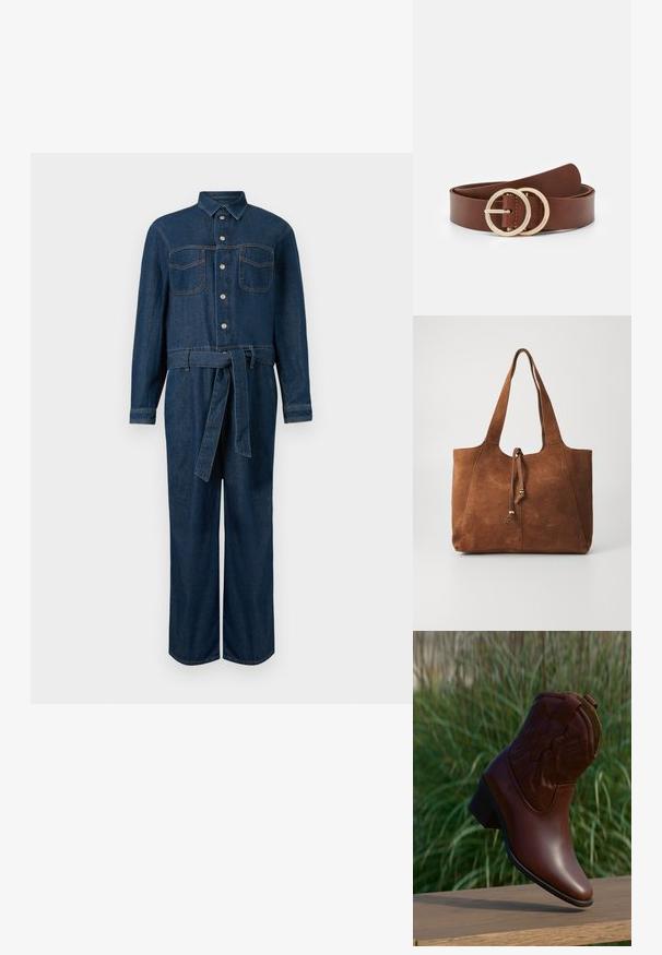 Mørkeblå denim jumpsuit med lange ærmer, frontknaplukning, to brystlommer og et bælte i taljen.; Brun læder cowboystøvle med dekorative syninger, vinklet opad på en træflade med sløret grønt græs i baggrunden.; Brun ruskinds tote bag med to lange håndtag, snøre lukning og glat tekstur. Har et enkelt design og minimale accenter.; Brun læderbælte med to cirkulære guldtonede spænder, glat tekstur og minimalistisk design. Længde og bredde varierer.