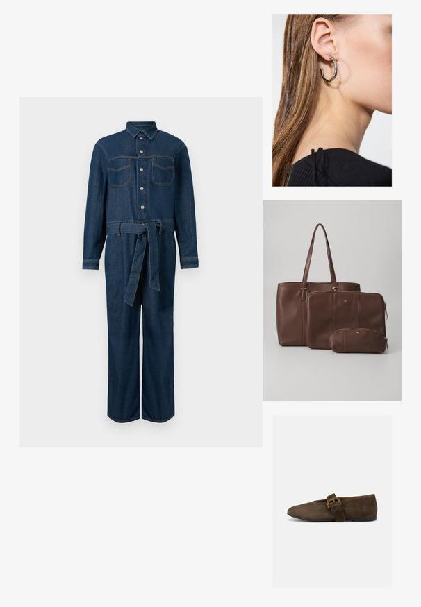 Donkerblauwe denim jumpsuit met lange mouwen, sluiting aan de voorkant met knopen, twee borstzakken en een tailleceintuur.; Bruine suède platte schoen met brede band en gouden gesp, afgeronde neus en lage zwarte zool, zijaanzicht op witte achtergrond.; Bruine leren schoudertas met twee bijpassende pouches; de tas heeft lange hengsels, terwijl de pouches met rits zijn en in verschillende maten komen. Gouden accenten zijn inbegrepen.; Zilveren oorbel met een gepolijste afwerking, met kleine gouden accentdetails en een ronde vorm, gedragen op de oorlel.