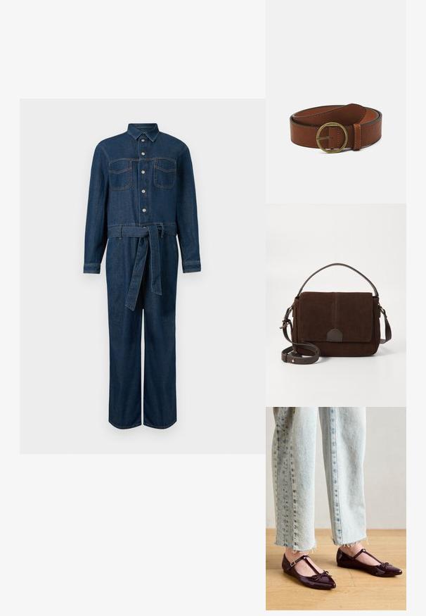 Mørkeblå denim jumpsuit med lange ærmer, frontknaplukning, to brystlommer og et bælte i taljen.; Blanke bordeauxrøde balletflade sko med T-rem, der har en sløjfedetalje ved tåen. Kombination med cropped lyseblå denimjeans.; Brun ruskinds messenger taske med en flad frontklap, brune læderdetaljer, en justerbar rem og minimalistisk design.; Brun læderbælte med en rund messingspænde, der har en glat overflade og kontrasterende syninger langs kanterne.