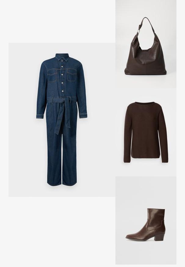 Donkerblauwe denim jumpsuit met lange mouwen, sluiting aan de voorkant met knopen, twee borstzakken en een tailleceintuur.; Bruine gebreide trui met een brede halslijn, lange mouwen en een textuurpatroon. Het ontwerp heeft een ontspannen pasvorm en een rechte zoom.; Bruine leren enkellaars met een puntige neus, middelhoge blokhak en elastische zijpanelen voor gemakkelijk aan- en uittrekken. Gladde textuur en slank ontwerp.; Zign by Zalando LEATHER - Shopper - chocolate brown