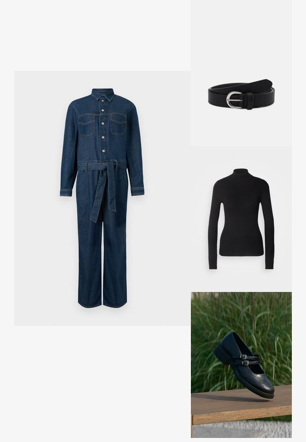 Mørkeblå denim jumpsuit med lange ærmer, frontknaplukning, to brystlommer og et bælte i taljen.; Sort turtleneck sweater lavet af let strikket stof. Har lange ærmer, et tætsiddende design og en blød ribbet tekstur.; Sort læder Mary Jane-sko med dobbelte spænder og brogue-detaljer, der svæver over en træbænk med grøn græsbaggrund.; Sort læderbælte med en sølv rund spænde, flad design, spids ende, glat tekstur og minimalistisk stil.