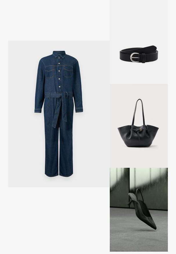 Donkerblauwe denim jumpsuit met lange mouwen, sluiting aan de voorkant met knopen, twee borstzakken en een tailleceintuur.; Zwarte leren slingback pumps met hoge hak en spits toelopende neus zwevend boven een grijs tapijtvloer, wazige groenachtige muur op de achtergrond.; Zwarte leren tote bag met lange handvatten en een voorband met een kleine gouden gesp, tegen een effen achtergrond.; Zwarte leren riem met een zilveren ronde gesp, vlak ontwerp, taps toelopend uiteinde, gladde textuur en minimalistische stijl.