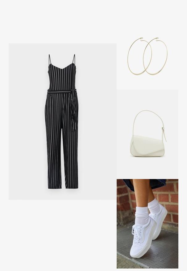 Sorte og hvide stribede jumpsuit med v-udskæring, fine stropper og båndelastik i taljen. Materialet ser letvægtsagtigt ud med en glat tekstur.; Hvide lærreds sneakers med gummisåler, der har seks snørehuller, rund tå og let sømdetaljer, krydret med hvide ankelstrømper.; Hvid taske i faux læder med en struktureret trekantet form, enkelt justerbart skulderstrop og en flaplås med kurver.; Pilgrim Øreringe - gold-coloured