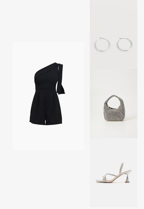 Schwarzer Ein-Schulter-Jumpsuit mit tailliertem Oberteil, plissierten Shorts und einer Schleifendetail an der Schulter, gefertigt aus einem weichen, dehnbaren Material.; Silberne metallische Absatzsandalen mit überkreuzten Netzriemen und einem einzigartigen ausgestellten Absatz. Glatter, strukturierter Fußbett und spitze Zehen.; Schwarze Handtasche mit runder Form, bedeckt mit kleinen silbernen Glitzersteinen, ausgestattet mit einem kurzen Griff und einem Reißverschluss oben.; Silberne Metallcreolen mit glatter, leicht gebogener Oberfläche und Klappverschluss vor schlicht weißem Hintergrund.