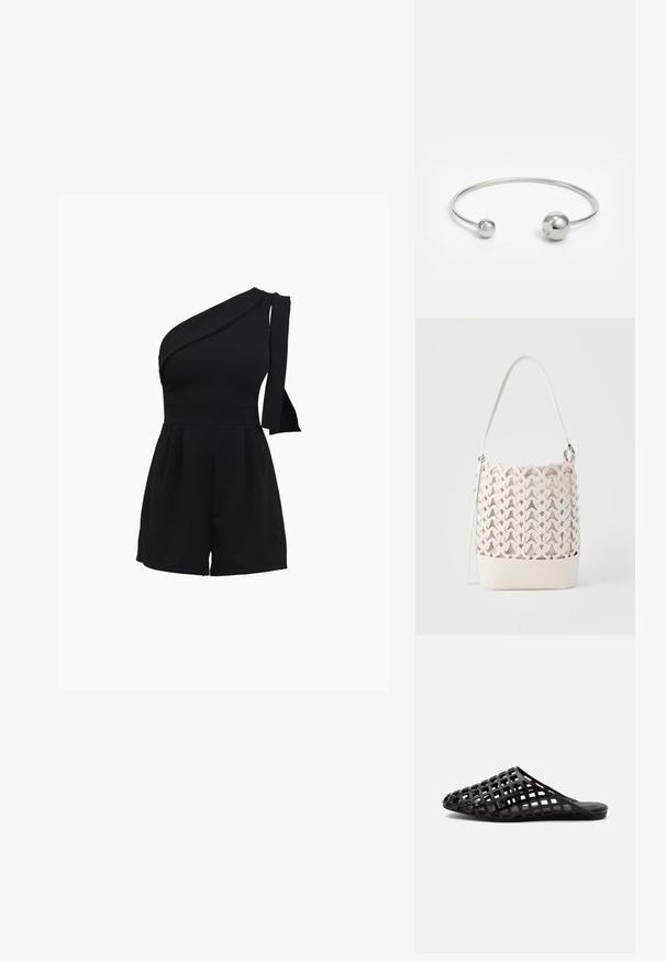 Schwarzer Ein-Schulter-Jumpsuit mit tailliertem Oberteil, plissierten Shorts und einer Schleifendetail an der Schulter, gefertigt aus einem weichen, dehnbaren Material.; Schwarze Schlupfsandale mit spitz zulaufender Zehenpartie und gitterartigem Ausschnitt-Design, flacher Sohle und offener Ferse vor neutralem Hintergrund.; Weißer Beuteltasche mit ausgeschnittenem Spatenmuster, glattem, solidem Boden und verstellbarem Schulterriemen mit Metallverschluss.; Silberner Metallarmreif mit zwei kugelförmigen Akzenten an jedem Ende, glatte Oberfläche, offenes Design und schlanker, minimalistischer Form.