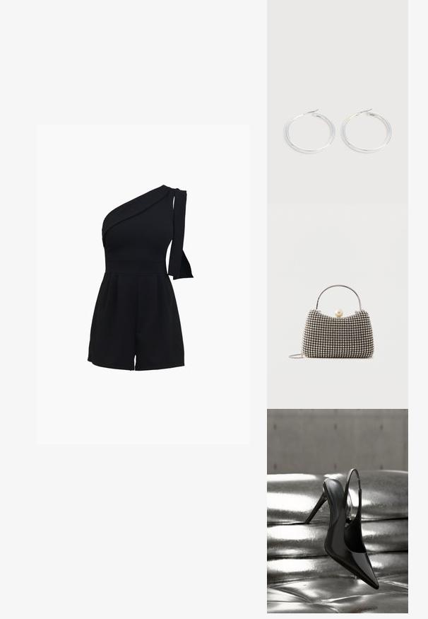 Combinaison noire à une épaule avec un corsage ajusté, un short plissé, et un détail à nouer sur l'épaule, fabriquée dans un matériau doux et extensible.; Chaussure à talon haut à bride arrière noire brillante, équilibrée sur une surface métallique argentée brillante et rembourrée, à texture lisse.; Petit sac à main avec motif à carreaux argenté, poignée incurvée, grande fermeture à perle et une fine bandoulière en chaîne argentée sur un fond uni.; Paire de boucles d'oreilles créoles argentées brillantes avec fermoirs en fil fin, présentée sur un fond gris clair.