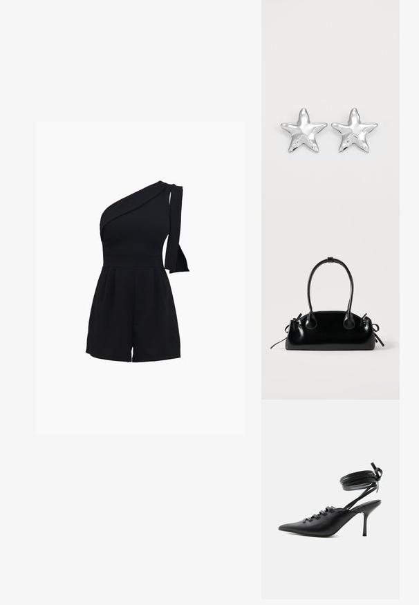Combinaison noire à une épaule avec un corsage ajusté, un short plissé, et un détail à nouer sur l'épaule, fabriquée dans un matériau doux et extensible.; Chaussure à talon haut noire à bout pointu avec laçage à l'avant et brides enroulées autour de la cheville nouées en nœud, vue de côté sur fond blanc.; Petit sac à main noir brillant avec deux longues anses et des détails à cordon sur les côtés sur un fond clair uni.; Boucles d'oreilles argentées en forme d'étoile, avec une surface lisse et brillante. Chaque boucle d'oreille possède cinq pointes et des détails subtils de texture de surface.
