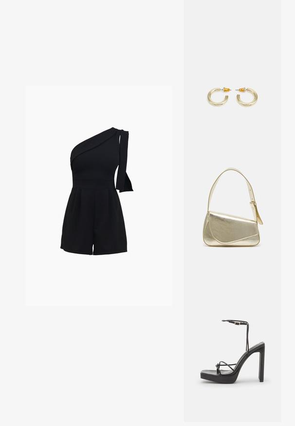 Must have ühe õla romper, millel on vormiv bodice, pleegete lühikesed püksid ja sõlmedetail õlal, valminud pehmest ja venivast materjalist.; DeeZee Kõrge kontsaga sandaalid - black; Kuldmetallist käekott, millel on struktureeritud disain, sile tekstuur ja reguleeritav rihm. Omab ainulaadset kolmnurkset kuju ja minimalistlikku õmblust.; Kullatud tooni rõngas kõrvarõngad, millel on sile, ümar kuju ja poleeritud pind. Tagaküljel on oranžid aktsendid, mis tagavad kindla kinnituse.