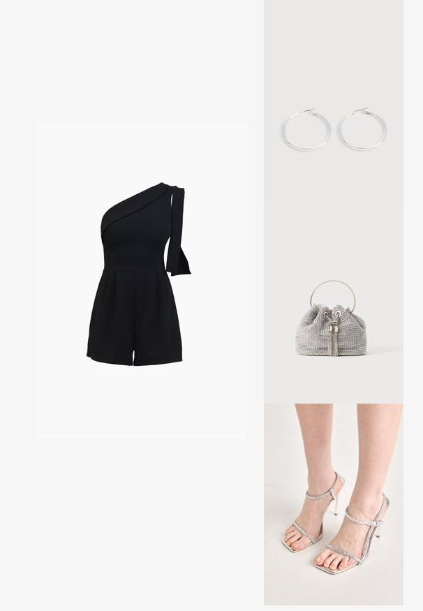 Schwarzer Ein-Schulter-Jumpsuit mit tailliertem Oberteil, plissierten Shorts und einer Schleifendetail an der Schulter, gefertigt aus einem weichen, dehnbaren Material.; Füße, die silberne High-Heelsandalen mit dünnen Riemen und quadratischen Zehen tragen, stehen auf einer hellen Oberfläche.; Kleine silberne Abendtasche, bedeckt mit funkelnden Strasssteinen, mit rundem Metallgriff und zwei dekorativen Quasten vorne.; Paar glänzende silberne Creolen mit dünnen Drahtverschlüssen, dargestellt vor einem hellgrauen Hintergrund.