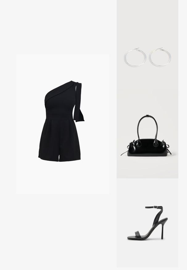 Schwarzer Ein-Schulter-Jumpsuit mit tailliertem Oberteil, plissierten Shorts und einer Schleifendetail an der Schulter, gefertigt aus einem weichen, dehnbaren Material.; Schwarze High-Heels-Sandalen mit schlankem Knöchelriemen und zwei vorderen Riemen. Aus glattem Leder gefertigt, mit einer eleganten spitzen Zehenform und einem Stiletto-Absatz.; Kleine schwarze glänzende Handtasche mit zwei langen Griffen und seitlichen Kordelzug-Details vor einfachem hellem Hintergrund.; Paar glänzende silberne Creolen mit dünnen Drahtverschlüssen, dargestellt vor einem hellgrauen Hintergrund.