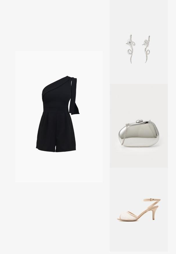 Schwarzer Ein-Schulter-Jumpsuit mit tailliertem Oberteil, plissierten Shorts und einer Schleifendetail an der Schulter, gefertigt aus einem weichen, dehnbaren Material.; Beige Damen-Sandalette mit hohem Absatz, Knöchelriemen, offenem Zehenbereich und Mesh-Detail am oberen Vorderfuß.; Silberner Metallclutch mit einer abgerundeten, glatten Form. Verfügt über einen Verschluss und einen abnehmbaren Kettenriemen. Reflektierende Oberfläche ohne Muster.; Schlichtes, silbernes Twisted-Ohrschmuckdesign mit zarten Kurven, das kleine klare Strasssteine entlang der Oberfläche zeigt. Mit Clip-Verschluss für sicheren Halt.