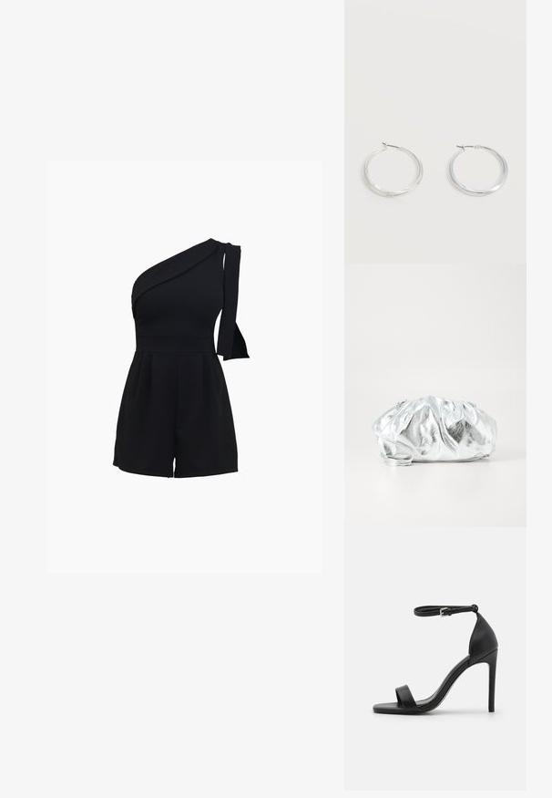 Schwarzer Ein-Schulter-Jumpsuit mit tailliertem Oberteil, plissierten Shorts und einer Schleifendetail an der Schulter, gefertigt aus einem weichen, dehnbaren Material.; Schwarze hochhackige Sandale mit elegantem Design, featuring einem Knöchelriemen, offener Zehenpartie und glattem Lederfinish.; Metallisch silberne Clutch-Tasche mit einem weichen, gerafften Körper und einem dünnen Schultergurt. Sie verfügt über eine glatte, glänzende Textur und eine abgerundete Form.; Silberne Metallcreolen mit glatter, leicht gebogener Oberfläche und Klappverschluss vor schlicht weißem Hintergrund.