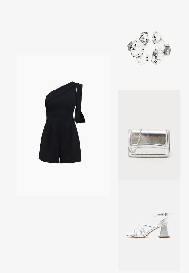 Schwarzer Ein-Schulter-Jumpsuit mit tailliertem Oberteil, plissierten Shorts und einer Schleifendetail an der Schulter, gefertigt aus einem weichen, dehnbaren Material.; Silberne Riemchensandale mit Blockabsatz und verstellbarem Knöchelriemen, offene Zehenpartie und glatte Sohle auf weißem Hintergrund.; Silberne metallische Clutch-Tasche mit glatter Textur, Klappenverschluss und Kettenriemen. Verfügt über ein strukturiertes rechteckiges Design und gestickte Akzente.; Cluster von sechs unregelmäßig geformten, transluzenten und reflektierenden glasähnlichen Stücken, angeordnet auf weißem Hintergrund.