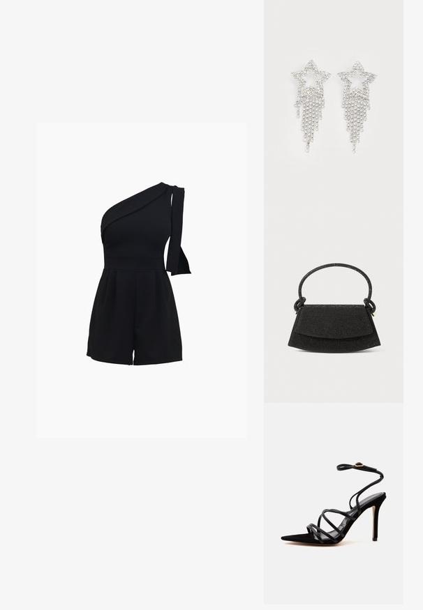 Combinaison noire à une épaule avec un corsage ajusté, un short plissé, et un détail à nouer sur l'épaule, fabriquée dans un matériau doux et extensible.; Sandale noire à talon haut, bout pointu, fines brides croisées et bride de cheville avec boucle dorée sur un fond clair uni.; Sac à main noir avec une forme structurée, un matériau texturé, une poignée nouée et une fermeture à rabat. Présente un léger éclat et un matériel minimal.; Boucles d'oreilles en strass en forme d'étoile avec des détails de franges en cascade, présentant une teinte argentée et une surface brillante et réfléchissante. Forme d'étoile avec un design complexe.